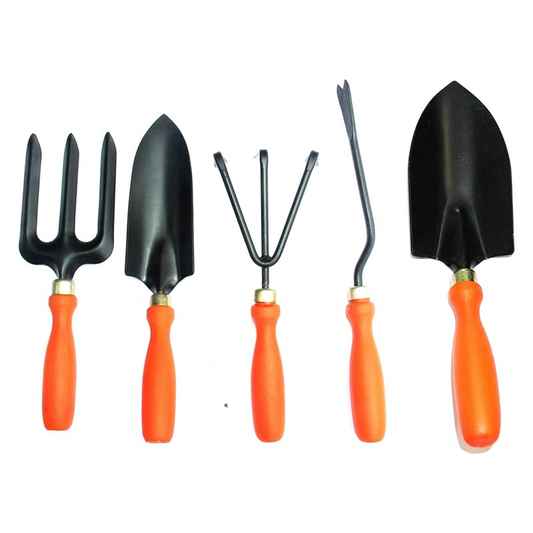 Gardening Tools Set Of 5 Pcs With Cultivator, Garden Fork, Weeder, Small and Big Trowel